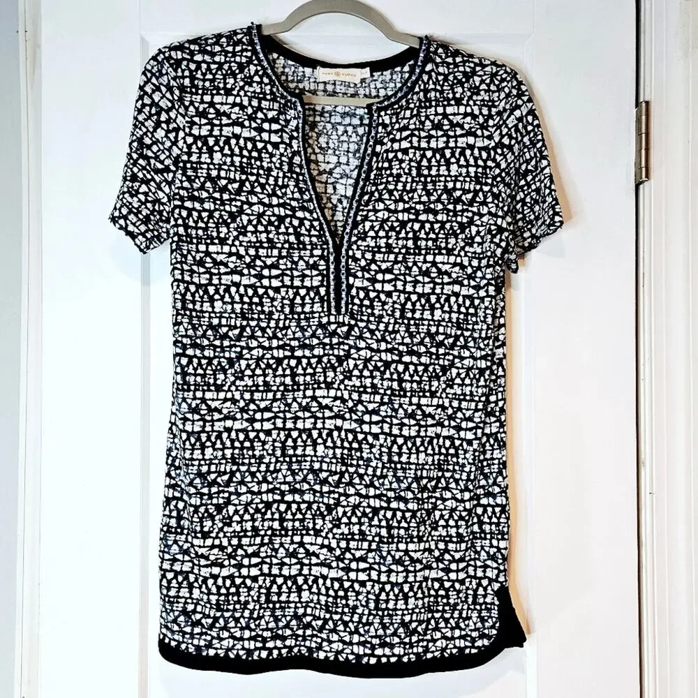Tory Burch Navy White Printed Linen Tunic Top Split Neck XS Designer